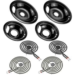 W10290350 W10290353 Porcelain Drip Pan Set & MP22YA Electric Range Burner Element Fit for W-hirlpool A-mana C-rosley Electric Range, 4 Pack Black Drip Pans & Stove Burners Replacement by Fetechmate