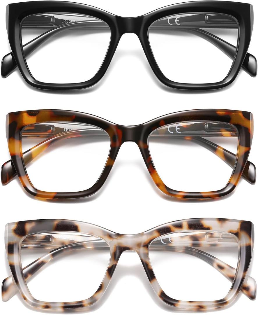 LKEYE Oversized Reading Glasses Women Men Oprah Style Blue Light Blocking Computer Square Reader Spring Hinge Eyewear LK6085, C1black+c2brown Tortoise+c3white, 1.5 Diopters