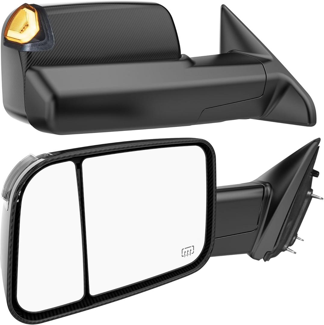 Switchback Signal Tow Mirrors Compatible with Dodge Ram 1500(2009-2018) 2500 3500(2010-2018), Power Heated Flip Up Extended Trailer Towing Side Mirrors w/Puddle Light, Smoked Lens Carbon Grey Housing (Carbon Fiber Housing Switchback Signal)