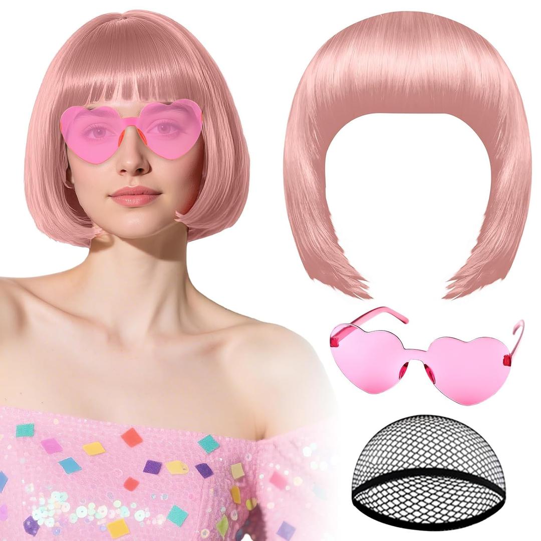 PLULON Lovely Pink Bob Wig with Heart Sunglasses Hair Cap, Colorful Short Bob Wigs Synthetic Party Wigs Funny Cosplay Hairpieces for Women Men Daily Bachelorette Halloween Costume Party Decorations