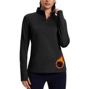 MAGCOMSEN Women's Quarter Zip Fleece Pullover Thermal Shirts with Zip Pocket Workout Running Tops Thumb Holes (X-Large, Black)