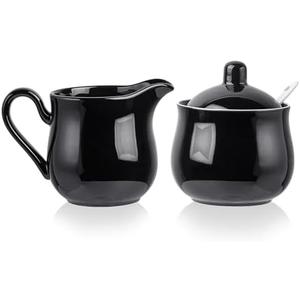 CHILDIKE 12 OZ Ceramic Sugar and Creamer Set, Coffee Serving Set, 3 Piece Cream Pitcher Sugar Bowl with Lid and Spoon (Black)