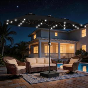 AreShark 13 FT Patio Umbrella with Solar Lights, Double-Sided Outdoor Table Umbrellas with Crank, Large Rectangular Market Umbrella for Porch, Lawn, Pool, Backyard, Black