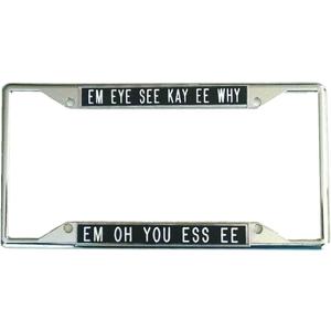 EM Eye See Kay EE WHY... License Plate Frame Black Background fits States with Tags on The top or Bottom