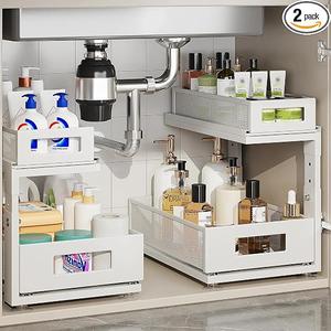 Corbyles 2 Pack 18.5IN-Depth Under Sink Organizer With Next-Gen Ball-Bearing Slides,2-Tier Pull Out Cabinet Storage,Height Adjustable Drawer Shelf for Bathroom,Kitchen,Laundry,Cabinet,Pantry-White