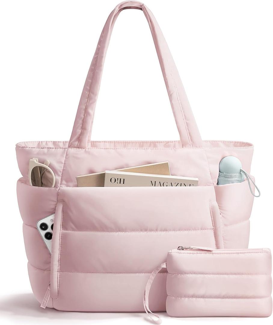 Bagstellar Puffer Tote Bag for Women, Lightweight Puffy Work Handbag Teacher Nurse Quilted Shoulder Bag for School Travel Gym | Cloud Bag w/ Zipper, Daily College Bags, 15.6" Computer Bag, Clinical Nursing Bag, 40 OZ Tumbler Holder, Ideal Gift for Women (Pink)
