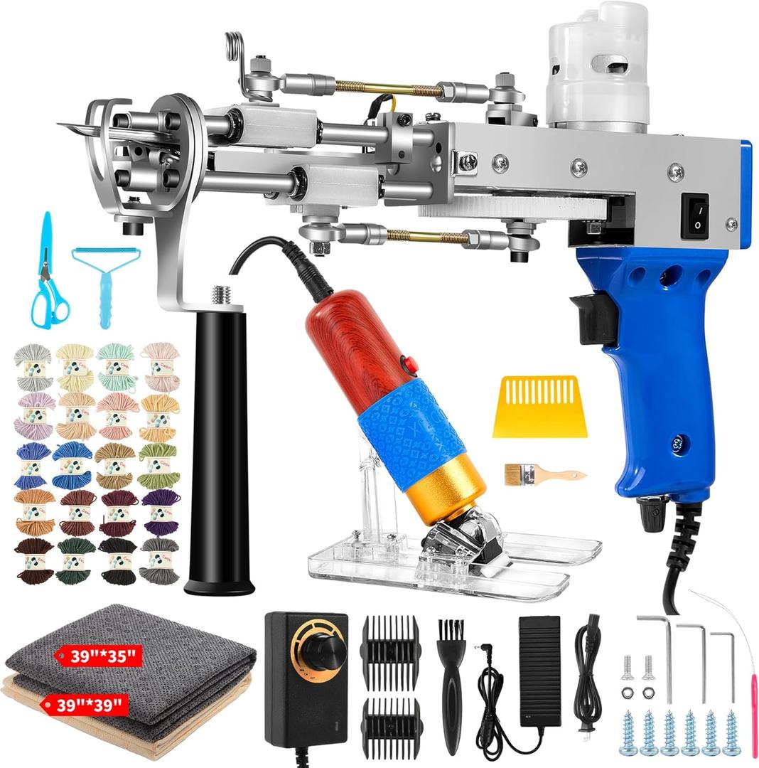 Vehipa Rug Tufting Gun with Carpet Trimmer Kit - 2 in 1 Cut Loop Pile Tufting Gun with Tufting Shears, Tufting Cloth, Yarn, Brushes, Scrapers for DIY Rug Making (Cerulean)