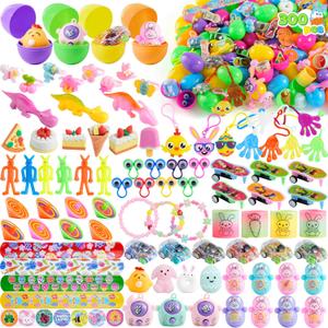 JOYIN 300 Pcs Easter Eggs Bulk with Toys, Assorted Easter Fillers Include 100 Eggs, 100 Toys & 100 Pcs Theme Stickers for Kids Hunt, Basket Stuffers, Party Favors Prize