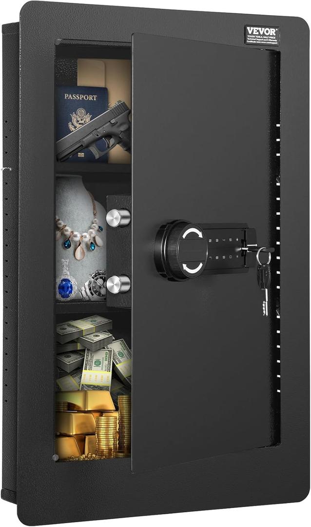 VEVOR 25.59" High Concealed Wall Safe, Keypad Access 3-Level Security Safe, Includes 3 Adjustable Shelves & 6 Hooks, Made of Durable Q235 Steel, Features LED Lighting & Alert System for Valuables (Black)