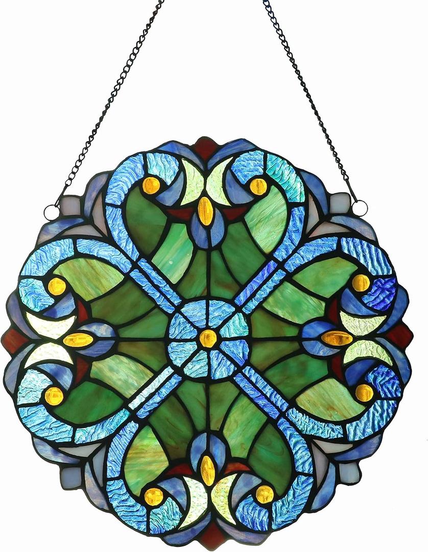 Stained Glass Panel: 12 Inch/16 Inch Decorative Window Hanging Suncatcher - Small Round Tiffany Style Ornament - Blue Heart Decoration for The Wall or Windows (12 Inch) (Green)