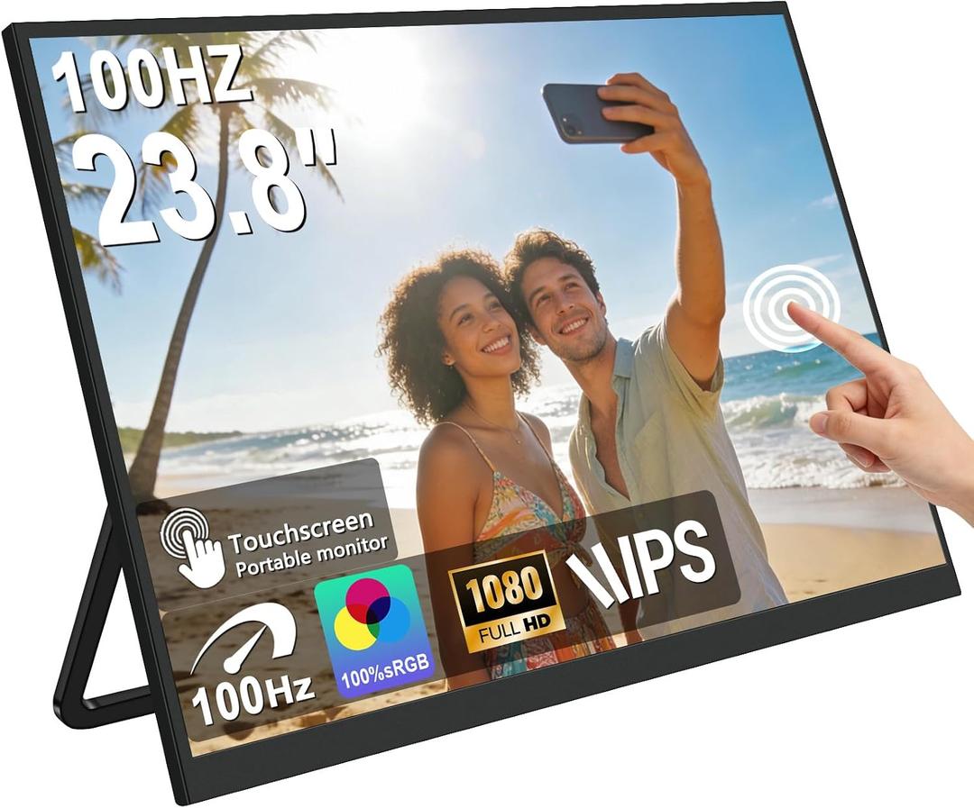 QQU 23.8" Large Portable Touchscreen Monitor, 1080P 100Hz FHD 100% sRGB USB-C HDMI Home Gaming Second Monitor Speakers w/120Stand & VESA Travel Monitor for Laptop, MacBook, PC, Phone, Tablet, Switch