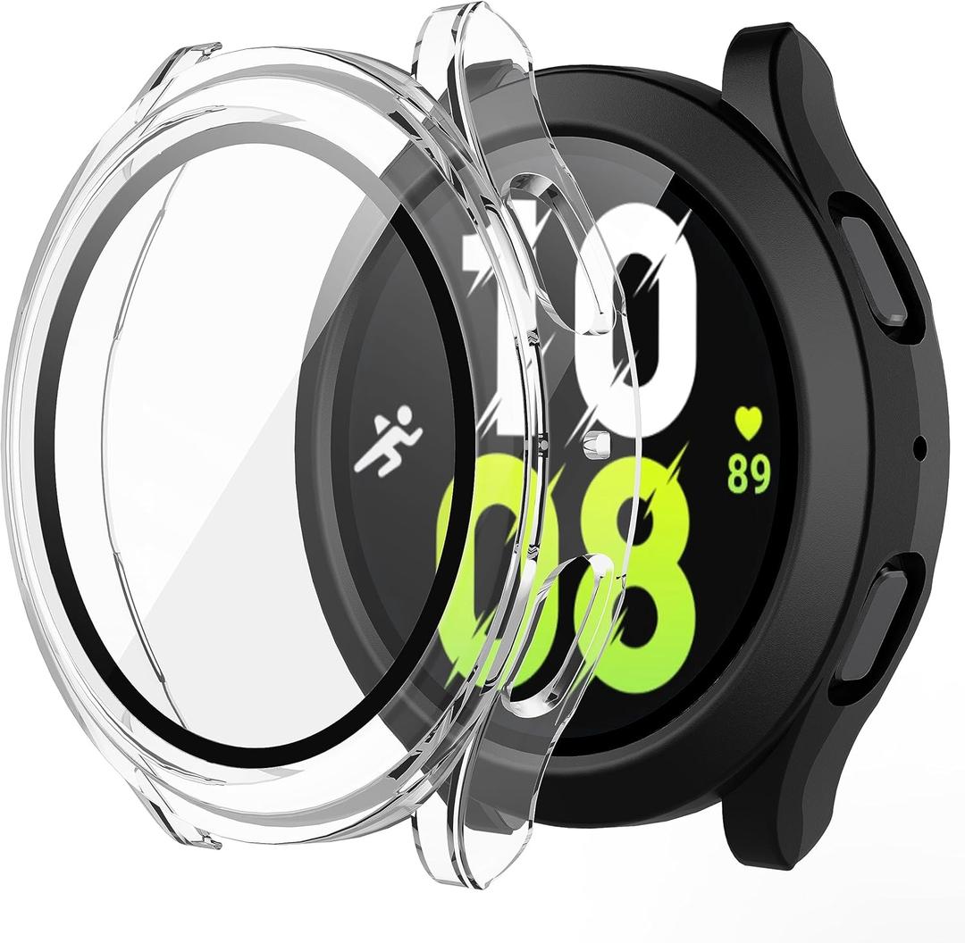 2 x Misxi 2-Pack Hard PC Case with Screen Protector for Samsung Galaxy Watch 5 Galaxy Watch 4 44mm, Ultra-Thin Scratch Resistant Cover with Tempered Glass, 1 Black + 1 Transparent