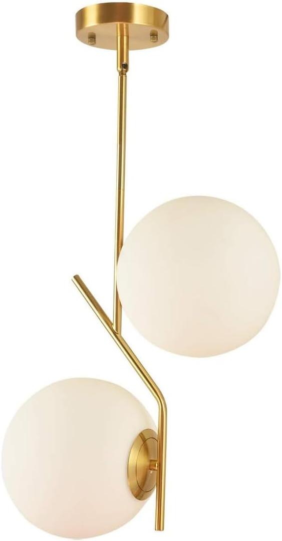 2 Lights Modern Globe Chandelier Mid Century Pendant Light Large 7.87 White Globe Glass Shade Hanging Light Fixture for Dining Kitchen Island Bedroom (Gold)