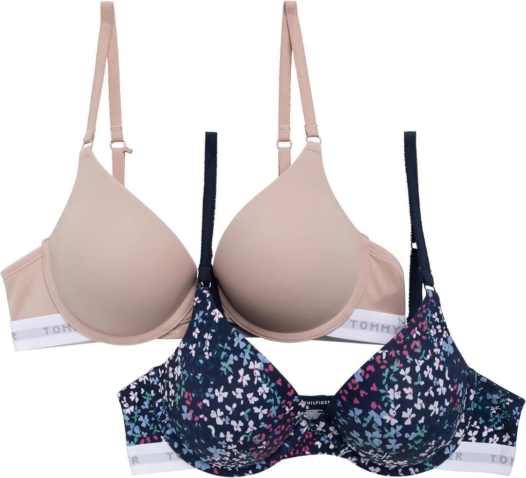 Tommy Hilfiger Womens Microfiber Push Up Bra 2-Pack (34A, Flyaway Floral Sky Captain/Balanced Beige)