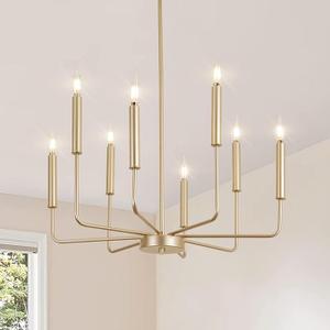 Modern Farmhouse Gold Chandelier for Dining Room, 8-Light Rustic Candle Chandelier Light Fixture, Industrial Hanging Lighting for Living Room, Size and Material: Light Fixture Diameter: 25.6 inches (65 cm). Canopy Diameter: 4.7 inches (12 cm)