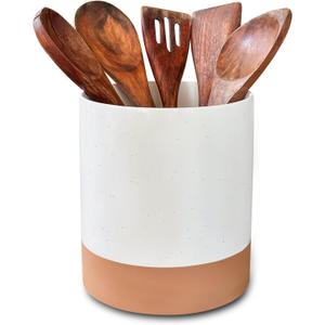 Mora Ceramic Kitchen Utensil Holder - Wooden Spoon & Spatula Crock for Countertop, Modern Farmhouse Home Decor, Extra Large 7.3" Cooking Organizer for Stove Top and Counter - Heavy & Sturdy - Vanilla
