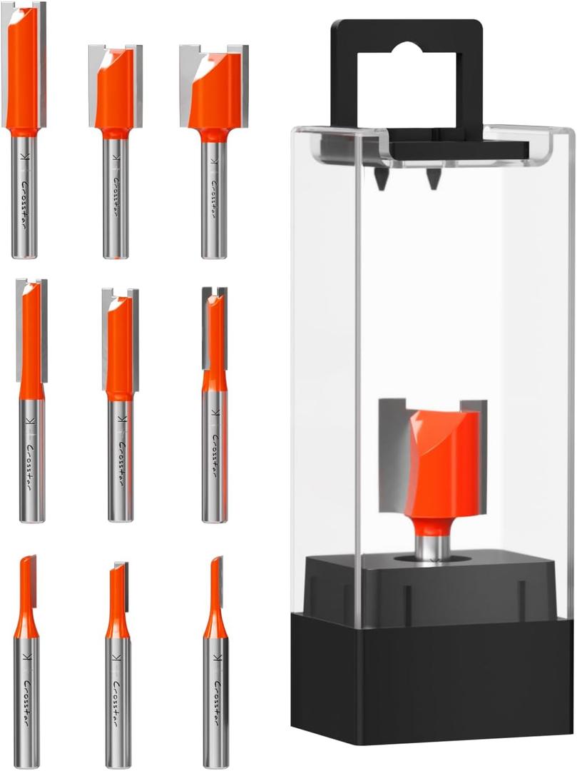 Crosstar 9Pcs Straight Router Bit Set 1/4" Shank, Carbide Straight Cut Router Bits for Woodworking, Includes 1/8", 5/32", 3/16", 1/4", 5/16", 3/8", 1/2", 5/8", 3/4" Cutting Diameters