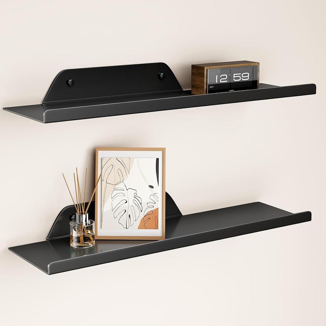 Floating Shelves for Wall, Wall Shelves, Off Center Metal Shelves for Living Room, 20 Modern Black Hanging for Decor Bedroom Bathroom Kitchen Plants (2 PCS)