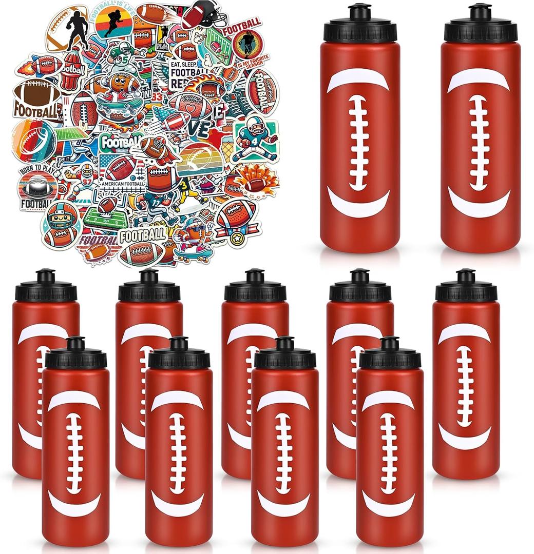 Football Party Favors, 12 Pack Football Water Bottles with 300 PCS Stickers, 20 oz Sports Squeeze Bottle, BPA-Free Reusable Water Bottles Bulk for Boys, Gifts For Team