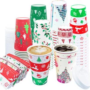 36 PCS Christmas Disposable Coffee Cups, 16 OZ Christmas Winter Party Paper Cups with Lids and Sleeves, To Go Coffee Cups for Hot and Cold Drinks, Winter Xmas Party Supplies Decorations