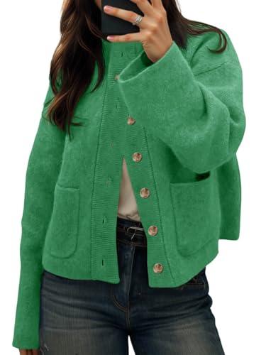 Cicy Bell Womens Chunky Knit Cardigan Sweaters Button Down Mock Neck Open Front Jacket Winter Casual Outerwear with Pockets Green, Green, Small
