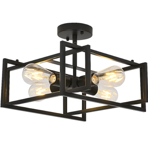 GLOBE Electric 61182 4-Light Semi-Flush Mount Ceiling Light, Matte Black Finish, Open Geometric Frame, Flame Tip Edison Bulbs Included, Modern Industrial Design