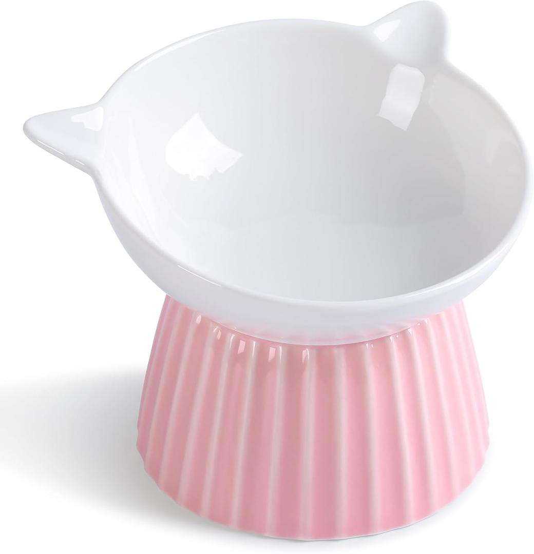 Ceramic Raised Cat BowlTilted Raised Bowl Anti Vomit for Indoor Cats Whisker Friendly Pet Feeder for Cats Puppies, Microwave and Dishwasher Safe (Blue) (Pink)