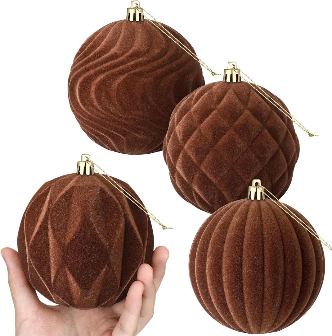 Blueweenly 4 Pcs 4 Inch Brown Large Velvet Christmas Ball Ornaments Vintage Christmas Plastic Ball Ornaments Flocked Tree Hanging Decoration for Xmas Party Wedding Home Decor