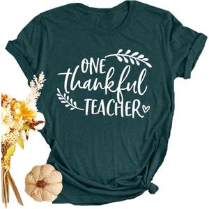 Women Thanksgiving T Shirt Thankful Shirts Thanks Letter Print Shirt Casual Holiday Short Sleeve Tops (Small)