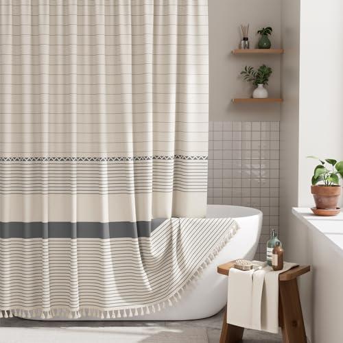AmazerBath Boho Shower Curtain Set, Grey Shower Curtain with Tassels, Rustic Faux Linen Gray Striped Modern Farmhouse Shower Curtain with Hooks, Light Tan Toned, 72x72 Inches