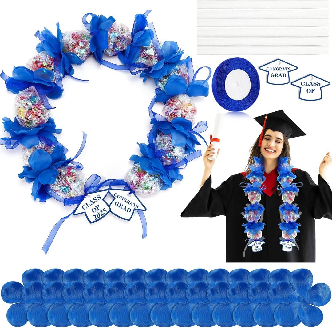 6 Set Graduation Candy Lei Making Kit, Class of 2025 Candy Lei Tubing Kit Mesh Bag Flower Chiffon Ribbon Graduation Cutouts for Party Gifts 2025 Party Supplies(Blue)