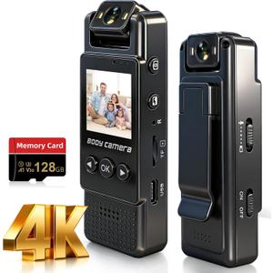 4k Mini Body Camera with Audio and Video Recording, 128GB Wearable Camera with 180 Rotating Lens, Chest Camera with Night Vision & 6-Hour Battery Life for Travel, Cycling, Work Security