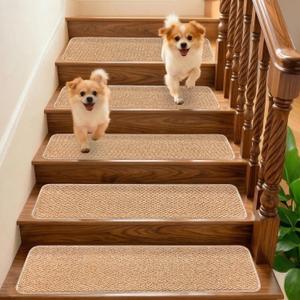 9.5x36 Inch Stair Treads for Wooden Steps Indoor(15-Pack) Non Slip Adhesive Peel and Stick Carpet Stair Treads, Washable & Reusable Stair Runner Rugs for Kids Elders and Pets-Khaki
