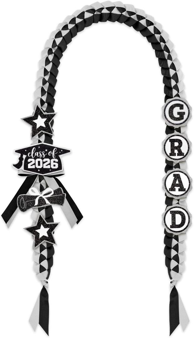 CiyvoLyeen Graduation Leis with Glitter Pins Class of 2026 Decoration Handmade Double Braided Ribbon Garland for Graduate Her Him High School University Graduation Gift Idea (Black & Silver)