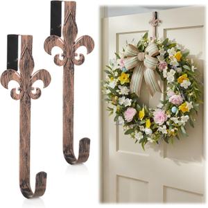 Lounsweer 2 Pcs Spring Fleur De Lis Wreath Hangers for Front Door Valentines Spring Metal Decoration 11 Inch Vintage Over The Door Wreath Hooks Ornament Hangers for Party Porch Home Decor
