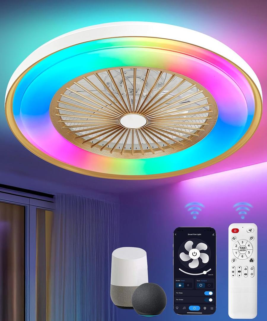 2-in-1 Low Profile Ceiling Fan with Light, 24 Caged Safety Design for Kids - RGB Color, Smart APP/Remote Control, Quiet Flush Mount DC Motor, Ideal for Bedroom/Living Room/Kitchen, Gold