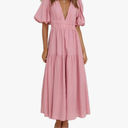 HOULENGS Women's Deep V Neck Puff Short Sleeve Tiered Dress Elastic High Waist Flowy A Line Midi Dresses (Pink)