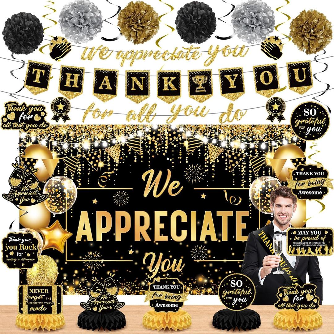 We Appreciate You Decorations Black Gold Thank You for All You Do Banner Honeycomb Centerpieces Hanging Swirls Employee Staff Appreciation Gifts Pastor Teacher Graduation Fathers Day Party Decor