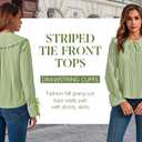 Tankaneo Womens Peter Pan Collar Shirts Long Bell Sleeve Tie Front Tops Vertical Striped Button Down Cute Blouse (Small, Green)