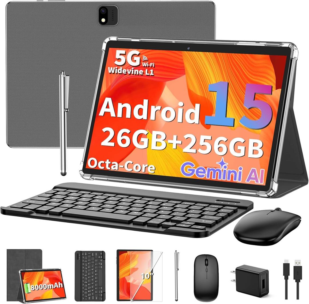 Android 15 tablet with keyboard, 26GB RAM+256GB ROM(2TB Expand), 10 inch tablet with 8000mAh Battery, 2.4G/5G WiFi, BT 5.0, 5MP+13MP Dual Camera, Gemini AI, Octa-core, Mouse, Stylus, Case(Silver)