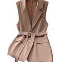 Floerns Women's Elegant Sleeveless Vest Blazer Button Lapel Collar Work Jacket Coat Khaki Medium
