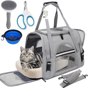 Pet Carrier Bag Airline Approved Up for Cats and Dogs Up to 20LBs, Soft Cat Carrier Dog Carrier Travel Kitten Carrier with Mat, Nail Clipper, Brush, Foldable Bowl Cat Accessories | 

	17.71"L x 10"W x 11"H