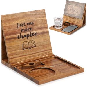 Book Holder Stand for Reading Rest, Wooden Foldable Bookshelf with Thumb Page Holder, Cup, iPad & Phone Stand, Book Nook Reading Valet Desktop Triangle Bookstand for Readers Bookworms Gifts