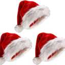 3 Pcs Christmas Santa Hat with Gray Fur Plush Pom Pom Xmas Hats for Adults Red White Christmas Santa Claus Party Supplies