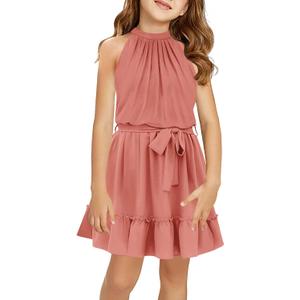 Newffr Girl's Halter Neck Sleeveless Summer Dress Tie Waist A-line Sundress Mini Swing Pleated Dress for Girls 11-12 Years, Pink