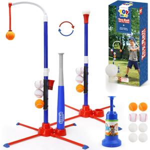 TOY Life 3-in-1 tBall Set for Kids 3-5, Adjustable Toddler T Ball Training Set with Bat, Toddler Baseball Set Semi-Automatic Launcher, Hanging Tee, Soft & Dog Play Balls, Fun Sports Set for Ages 3+