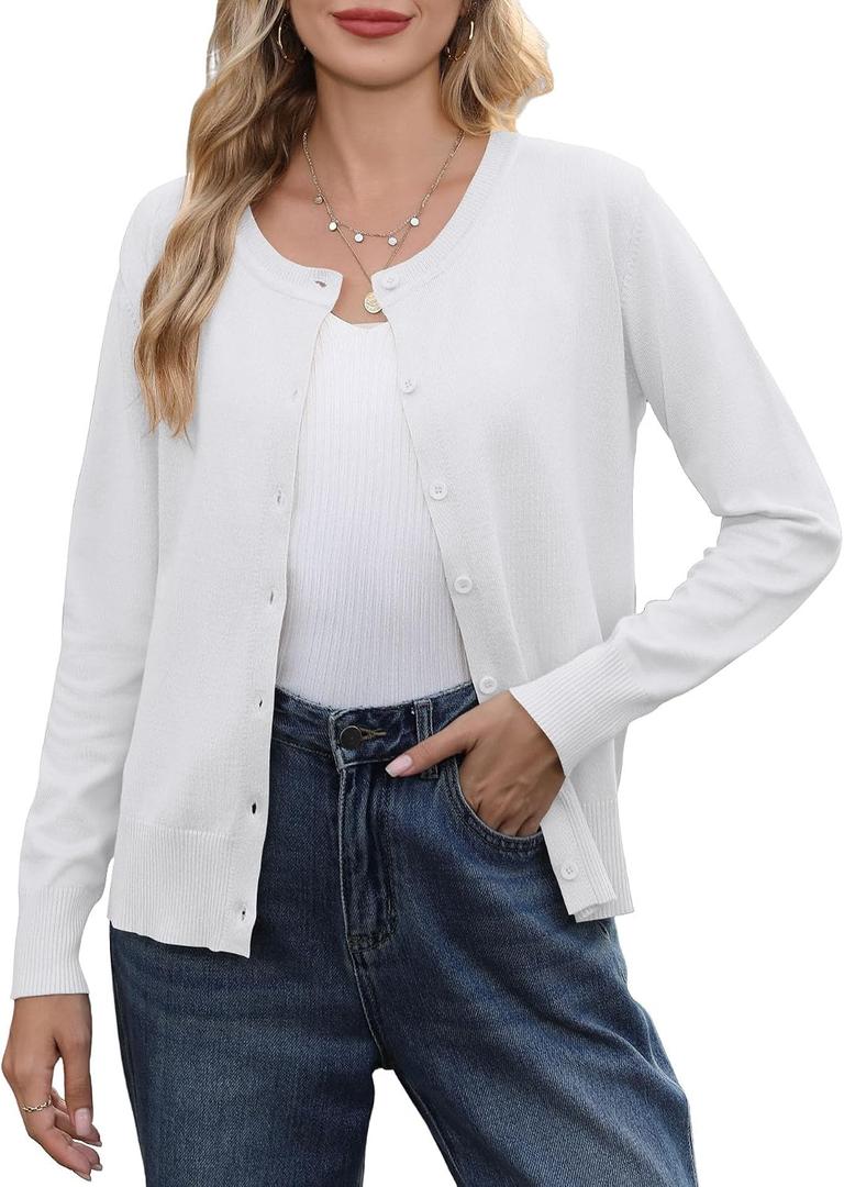 Bettysays Women's Lightweight Button Down Cardigan Casual Long Sleeve Crew Neck Soft Knit Cardigans Sweater (White, XXL)