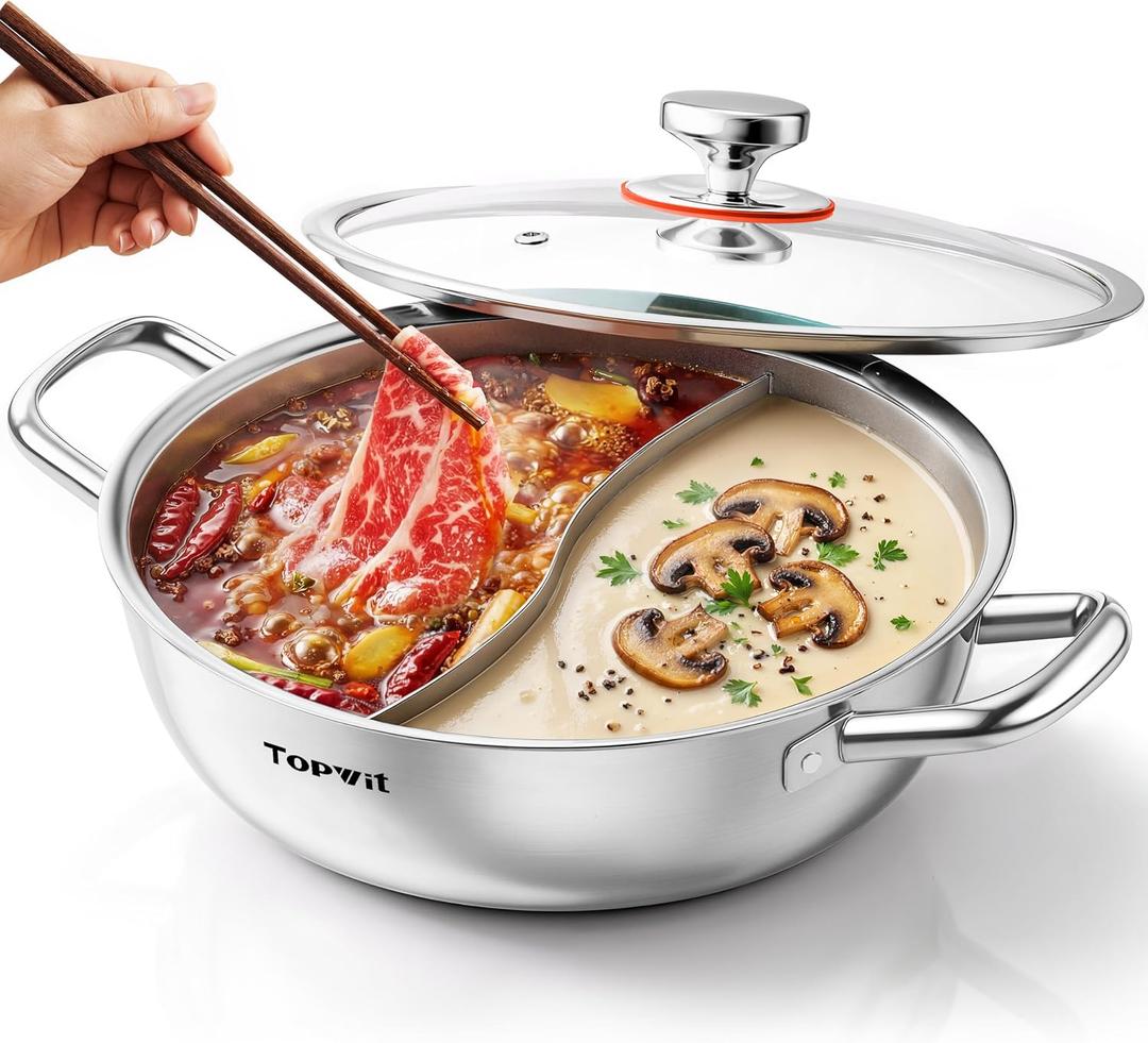 TOPWIT 3-Ply Construction 316 Stainless Steel Double-flavor Shabu Shabu Pot, 5.5QT Hot Pot with Divider, 11″ Dual Side Pot for Cooking, Hotpot for Induction Cooktop, Gas/Ceramic Cooktop, Hot Burner, 5.5 Quarts