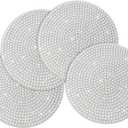 Pearl Round Placemats Set of 4, 15-inch Anti-Slip Tablescapes Decorations Sparkling Bling Rhinestones Silver Placemat for Nightstand Tablecloths Centerpiece Standing T-Lights Candles Vases Mat