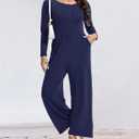 Womens Casual Jumpsuits One Piece Loose Stretchy Long Sleeve Fall Jumpsuit Wide Leg Long Pants Rompers with Pockets (Blue, M)